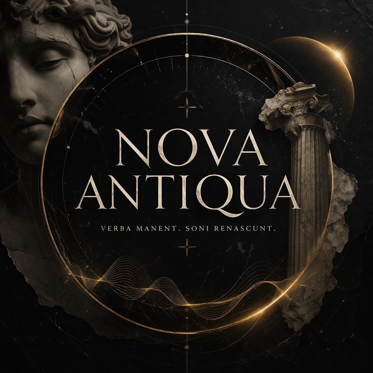 Logo Nova Antiqua em dourado, com escultura clássica, coluna e elementos celestes